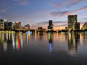Downtown Orlando skyline as seen from Lake Eola facing west