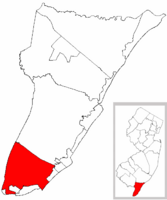 Lower Township highlighted in Cape May County. Inset map: Cape May County highlighted in the State of New Jersey.