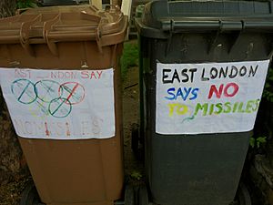 Posters on wheelie bins against the siting of missiles in East London during the 2012 Summer Olympics, Leytonstone, London - 20120516