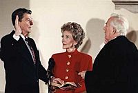 President Reagan being sworn in for second term during the private ceremony held at the White House 1985
