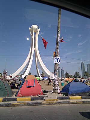 Protesters camped out infront of the Pearl Roundabout in Bahrain