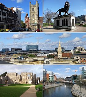 From top left: Reading's historic Market Place with Town Hall and St Laurence's Church, the Maiwand Lion, the Town Centre skyline from the Royal Berkshire Hospital, Reading Abbey, The Oracle shopping centre and River Kennet
