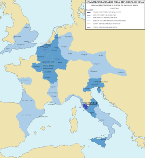 Repubblica di Siena - Commercio bancario - Mappa della massima penetrazione in Europa dei banchieri senesi