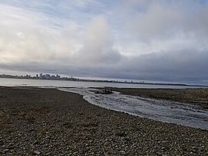 Seawater entering the lagoon on Thompson Island with Boston Harbor and South Boston visible in the background in Massachusetts MA