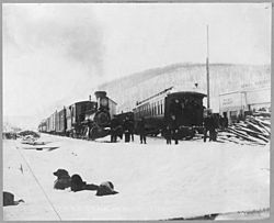 Trains of the Tanana Valley Railroad at the station in Fox, Alaska, in 1916