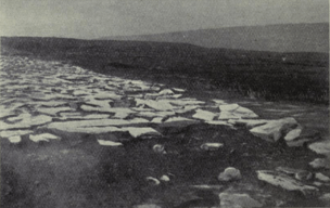 Photograph of Wade's Causeway, taken in approximately 1918 and showing a relatively even surface of large, broad, flat stone slabs raised on a small embankment a couple of feet above the surrounding moor