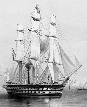 Blenheim (ship, 1813) Oswald Walters Brierly & R. Carrick - The Fleet becalmed (cropped).jpg