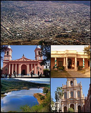 (From top to bottom; from left to right) Aerial view of the city; Our Lady of the Valley of Catamarca Cathedral; San Fernando del Valle de Catamarca Historical Museum; El Jumeal reservoir and the San Francisco Church.