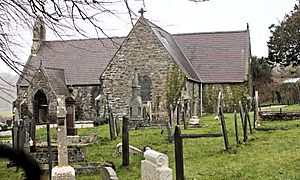 A stone single-story church in a graveyard.