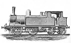 London & Southwestern Railway O2 Class 0-4-4T no 201 – black and white, cropped