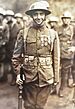 Three-quarters frontal picture of a man in uniform wearing a metal helmet with 2nd Infantry Division insignia.  The Medal of Honor, French Croix de guerre with two bronze palms and one silver star and Montenegrin Medal for Military Bravery are pinned to his uniform coat.