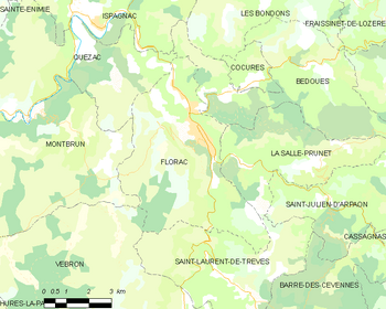 Map of the commune of Florac Trois Rivières