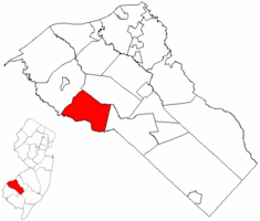 South Harrison Township highlighted in Gloucester County. Inset map: Gloucester County highlighted in the State of New Jersey.