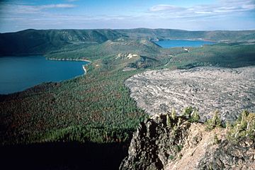 The Newberry Caldera as seen from one of its rims; the crater includes two lakes in the back to the left and right, as well as a large lava flow in the bottom right of the frame.