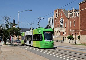 Oklahoma City Streetcar - green car on 4th Street passing First United Methodist Church