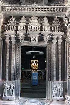 Ornate lintel and door jamb relief at entrance to inner mantapa in the Harihareshwara temple at Harihar