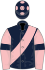 dark blue, pink sash, pink sleeves, dark blue armlets, dark blue cap with pink spots