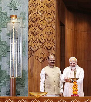PM lighting the lamp at the inauguration of New Parliament Building, in New Delhi on May 28, 2023