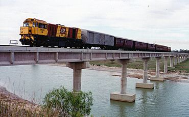 QR loco 1740 hauls a special train over the new Styx River bridge, ~1991.jpg