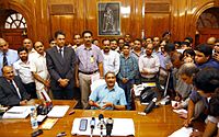 Shri Manohar Parrikar interacting with the media after taking charge as new Defence Minister, in New Delhi on November 10, 2014. The DG (Media & Communication), Ministry of Defence, Shri Sitanshu Kar is also seen