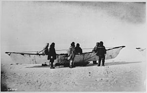 Six Eskimos standing beside native skinboat (umiak) on sled, Point Barrow, Alaska, 1935 - NARA - 531120
