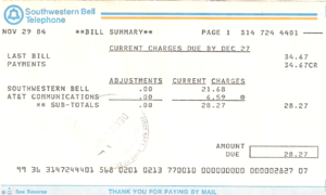 South Western Bell Telephone Bill November 1984