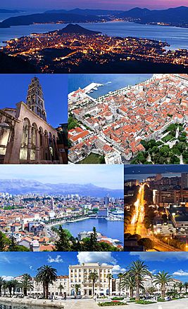 Top: Nighttime view of Split from Mosor; 2nd row: Cathedral of Saint Domnius; City center of Split; 3rd row: View of the city from Marjan hill; Night in Poljička Street; Bottom: Riva waterfront