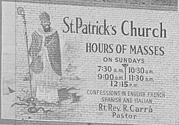 St. Patrick's Church, New Orleans Advertisement "confessions in English, French, Spanish and Italian" on billboard on side of Crescent Hotel in New Orleans, Louisiana (LOC) (cropped)