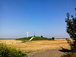 A marker on the top of a mound in the middle of a field