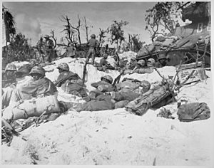 "Peleliu Island...Marines move through the trenches on the beach during the battle.", 09-15-1944 - NARA - 532535