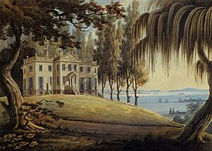 1808 watercolor rendering of Stevens' Villa before the Elysian Fields were developed