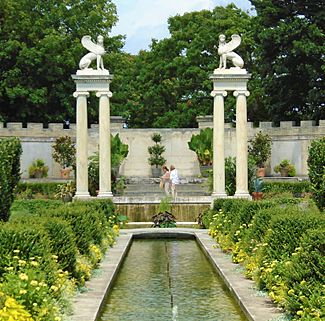 2020 Untermyer Gardens amphitheater with sphinxes from North Canal.jpg