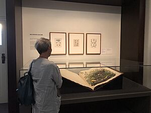 A woman with a big rare book at the state library of Victoria