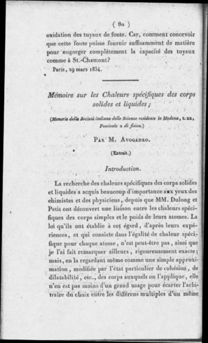 Avogadro - Mémoire sur les chaleurs spécifiques des corps solides et liquides, 1833 - 6060053 TOAS005003 00003