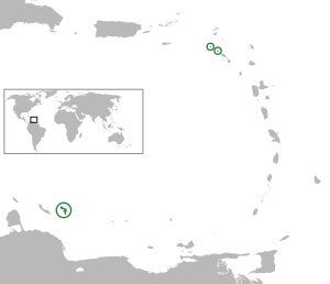 Location of the Caribbean Netherlands (green and circled)  in the Caribbean. From left to right: Bonaire, Saba, Sint Eustatius.