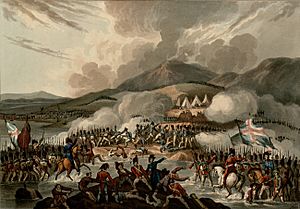 Color print showing soldiers under British flags in the foreground attacking French troops with a backdrop of mountains.