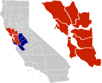 Location of the Bay Area within California.      The nine-county Bay Area.      Additional counties in the larger fourteen-county combined statistical area.