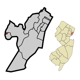 Map highlighting East Newark within Hudson County. Inset: Location of Hudson County highlighted in the State of New Jersey.