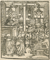 Woodcut illustration of a preacher preaching to listening people while other people exchange money for indulgence certificates. The papal arms are displayed on the walls on either side of a cross.
