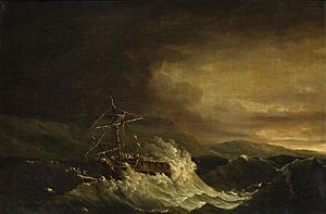 John Thomas Serres - The wreck of the H.M.S. Deal Castle off Puerto Rico, in the hurricane of 1780 with the crew escaping on a raft