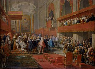 Pannini - La Remise de l'ordre du Saint-Esprit au prince Vaini par le duc de Saint-Aignan en l'église Saint-Louis-des-Français, le 15 septembre 1737