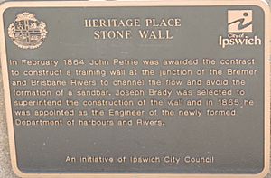 Plaque commemorating Joseph Brady building a training wall at the confluence of the Bremer River and Brisbane River in 1864, Barellan Point, 2021