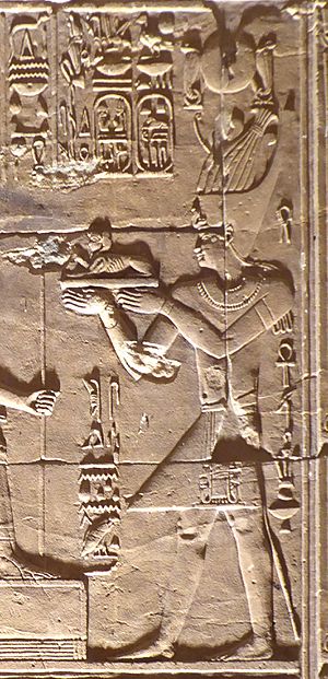 Ptolemy XII making offerings to Egyptian Gods, in the Temple of Hathor, Dendera, Egypt