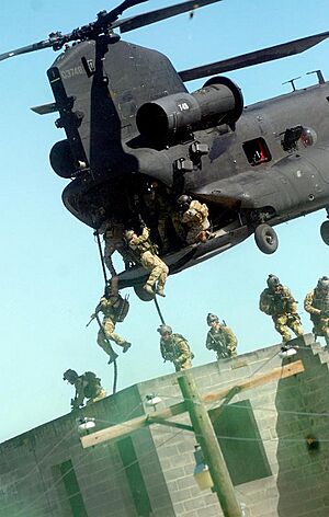 Rangers from the 75th Ranger Regiment fast-rope from an MH-47 Chinook during a capabilities exercise