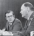 Secretary of Defense Donald Rumsfeld and Chairman of the Joint Chiefs of Staff General George S. Brown at a press conference in the Pentagon