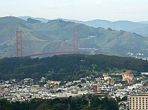 San Francisco's Richmond District in foreground, with Golden Gate Bridge, Marin Headlands, and the Presidio in background