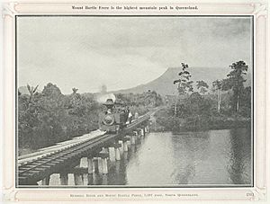 StateLibQld 1 239902 Small steam train crossing the Russell River with Mount Bartle Frere looming in the background, Cairns District, ca. 1924