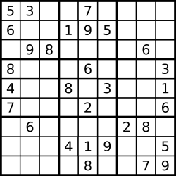 A typical Sudoku puzzle, with nine rows and nine columns that intersect at square spaces. Some of the cells are filled with a number; others are blank cells to be solved.