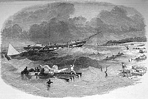 The barque "Sir Fowel Buxton" on shore at Capin Assu, ILN 1853.jpg