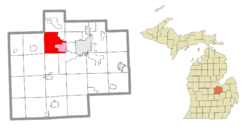 Location within Saginaw County (red) and an administered portion of the Shields community (pink)